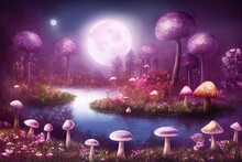 Fantasy Magical Fairy Tale Landscape With Enchanted Forest Lake, Fabulous Fairytale Blooming Pink Rose Flower Garden, Mushrooms And Two Butterflies On Mysterious Background And Glowing Moon In Night.