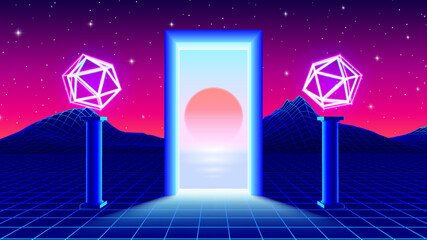 Wall Mural - Glowing portal or door with synthwave sundown and columns holding neon shapes in 80s style. Retrowave grid mountains landscape with shiny doorway