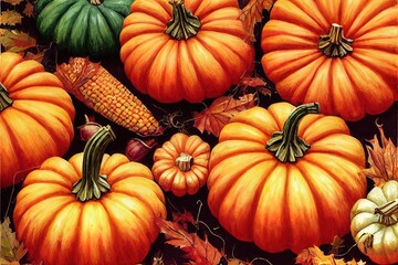 Autumn harvest vegetable pumpkin corn acorn flowers Autumn Fall season coloring illustration pages