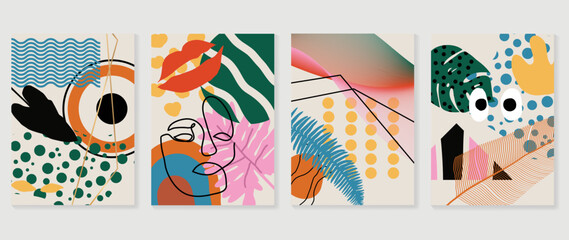 Abstract colorful wall art background vector. Collection of abstract shape, dot pattern, line art, face, leaf, lips, wavy lines. Trendy poster set for wall decoration, interior, wallpaper, banner.