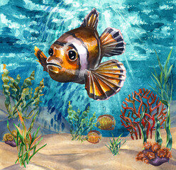 clown fish at the bottom of the ocean surrounded by sea creatures and plants. Watercolor drawing.