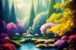 Fantasy magical enchanted fairy tale landscape with forest lake, fabulous fairytale garden.