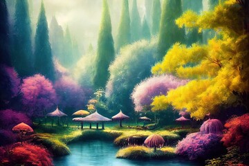 Canvas Print - Fantasy magical enchanted fairy tale landscape with forest lake, fabulous fairytale garden.