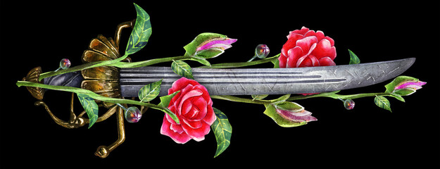 Dagger entwined with branches of red roses. Symbolic ornament knightly watercolor drawing on a black background.