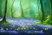 Bluebells Flowers In Fantasy Magical Garden In Enchanted Fairy Tale Elf Forest, Fairytale Blue Bells Glade And Butterflies On Midnight Background, Elven Magic Woods In Dark Night With Moon Rays Light