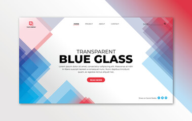 Wall Mural - Landing page template with transparent glass in blue and red triangle geometric shape on white background for website home page