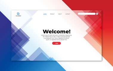 Wall Mural - Landing page template with transparent glass in blue and red triangle geometric shape on white background for website home page