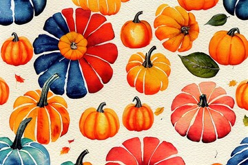 Sticker - Watercolor fall arrangement. Hand painted orange, white blue pumpkins, plaid pillows. apples, fall leaves. Harvest themed design. Autumn illustration.