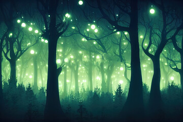 Canvas Print - Night magical fantasy forest. Forest landscape, neon, magical lights in the forest. Fairy tale atmosphere, fog in the forest, silhouettes of trees. 3D illustration.