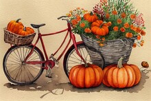 Red Bike With A Basket Of Flowers And Pumpkins And A September Pointer. Hand Drawn Watercolor Illustration. Autumn Background. Watercolor Sketch.