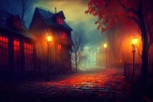 Scary Ghost Alley Of Mystical Night Autumn Small Old Town 3D Art Illustration. Spooky Witch Street Of Oldtown Halloween Horror Movie Environment Background. AI Neural Network Generated Art Wallpaper