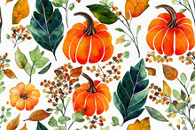 Watercolor Autumn Seamless Pattern With White And Orange Pumpkin Arrangement, Fall Colorful Flowers, Leaves, Berries. Botanical Seamless Pattern. Harvest Themed Design.