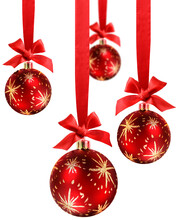 Decorated Red Christmas Balls Hanging In Red Silk Ribbons With Know And Bow Isolated