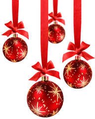 Wall Mural - decorated red christmas balls hanging in red silk ribbons with know and bow isolated