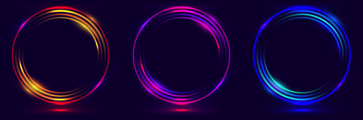 Canvas Print - Set of glowing neon color circles round curve shapes isolated on black background technology concept