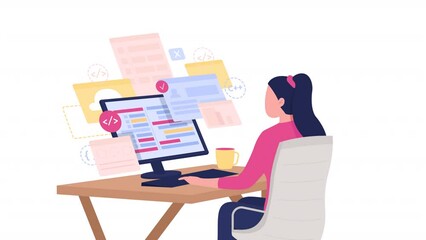 Animated programmer flat character. Full body person 4k video footage with alpha channel. Learning software engineering online color cartoon style illustration for motion graphic design and animation