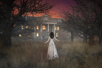 Ghostly figure of woman in long white dress floating through forest towards a creepy haunted mansion house. 3d rendering.