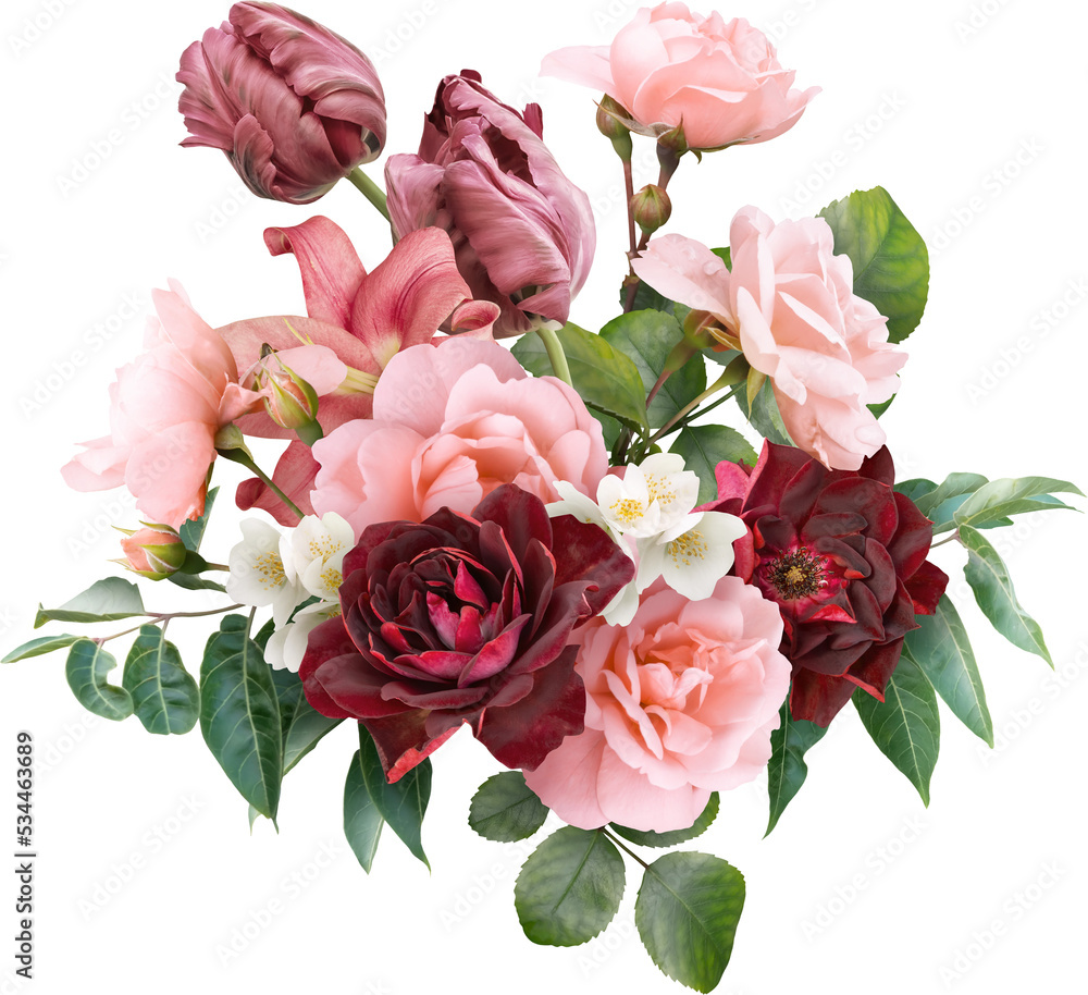 Red and pink flowers isolated on a transparent background. Floral  arrangement, bouquet of roses and tulips. Can be used for invitations,  greeting, wedding card. Stock Photo | Adobe Stock, image size:1000x914
