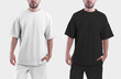 Mockup of a white and black oversize t-shirt on a man.