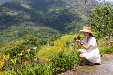 Wall Mural - Woman take photo on cellphone in orange day lily flower field in Taimali Kinchen Mountain in Taitung