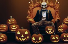 Halloween Background With Jack O Lantern King With Skull Head, Sits Proudly On A Throne Surrounded By Pumpkins. Illustration Concept 3D