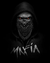 Gorilla Wearing A Hooded Sweatshirt Written Mafia ,Gangster Style Black And White Isolated	