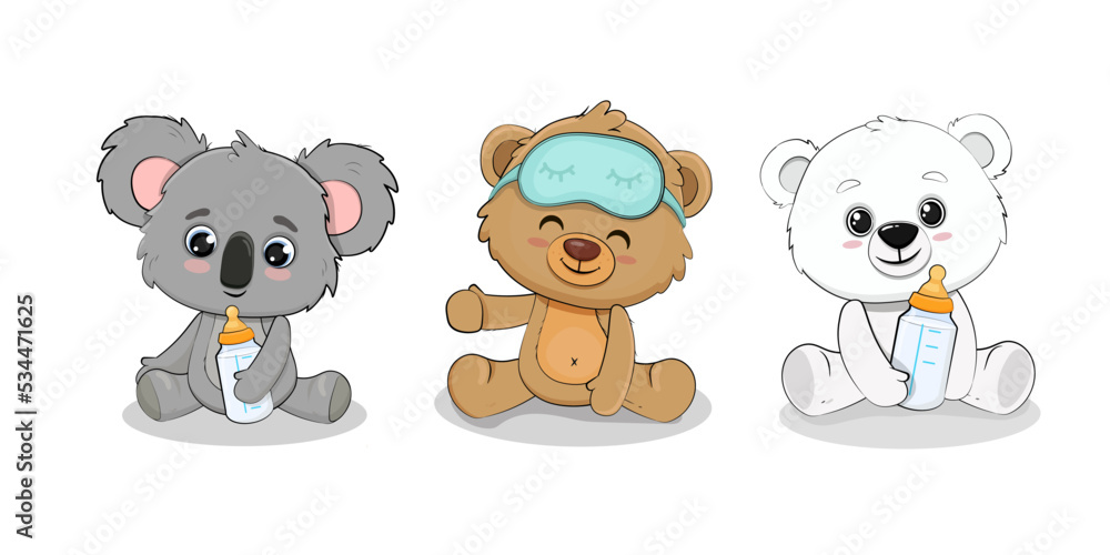 Teddy bear, polar bear and koala cub with milk bottle. Set of cartoon ...