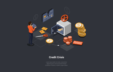 Wall Mural - Global World Financial, Credit Crisis Concept. Forced Increase in Interest Rates, Customers Insolvency. World Economy Crash, Investment Failure and Budget Collapse. Isometric 3d Vector Illustration