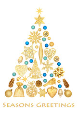 Canvas Print - Christmas tree shape design concept decoration with gold and blue bauble decorations and ornaments with seasons greetings text. Festive symbol for the Xmas holiday season. On white.