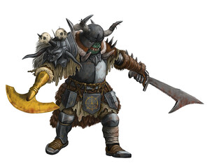 Canvas Print - Fantasy creature - orc warrior attack. Fantasy illustration. Goblin with ax drawing.