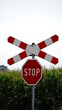 Znak drogowy stop, przejazd kolejowy, przejazd przez tory. Stop sign.