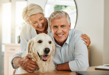 Canvas Print - Senior couple, happy dog and smile of people in a home with quality time together. Animal love and happiness of elderly people with a pet golden retriever hug portrait in a house relax in retirement