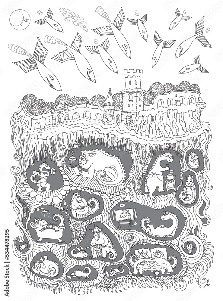 Raid of fantastic winged monsters on a fairy tale medieval town castle ...