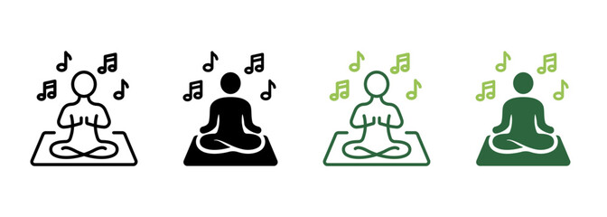 Yoga Concentration with Listen Music Silhouette and Line Icon. Harmony Man Relax in Lotus Pose Meditate Pictogram. Meditation and Listening to Music Icon. Editable Stroke. Vector Illustration