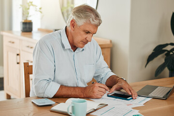 Sticker - Man, elderly and phone for tax or budget banking with paper at home. Senior, laptop and paperwork with calculator on desk use web for planning, savings and financial compliance in South Africa