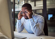 © Nina Lawrenson/peopleimages.com - Stress, headache and black businessman on night office computer with 404 software glitch, cybersecurity hack and website seo mistake. Burnout, anxiety and mental health technology programmer in pain