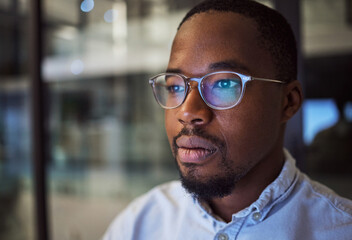 Fototapete - Information technology businessman with glasses and computer reflection for night vision, eyes healthcare, wellness or innovation. Office black man programmer reading online code software development