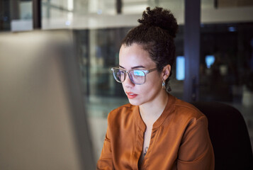 Poster - Woman, reading and glasses reflection in office at night, working on computer email or planning business schedule. Female worker, pc tech screen and overtime web research in dark company workplace.