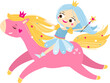 Cartoon princess girl riding on cute pink unicorn vector illustration
