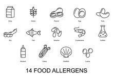 14 Food Allergens. Set Of Basic Allergens Icons. Vector Illustration