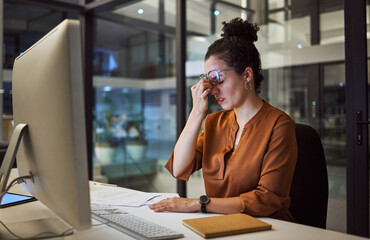 Aufkleber - Stress, tired and frustrated business woman working on a computer at the desk in her office. Burnout, headache and corporate manager planning a company management strategy report with technology.