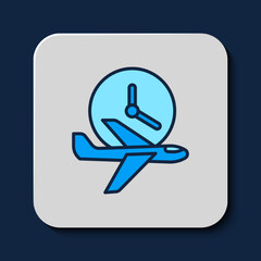 Poster - Filled outline Flight time icon isolated on blue background. Vector