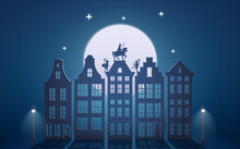 Celebration Dutch Holidays - Saint Nicholas Or Sinterklaas Is Coming To Town At Night - Paper Art Graphic