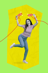 Sticker - Vertical creative collage image of positive young woman student hold maracas shake have fun mexico party disco dance enjoy summer vacation