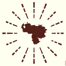 Venezuela Logo. Grunge Sunburst Poster With Map Of The Country. Shape Of Venezuela Filled With Hex Digits With Sunburst Rays Around. Trendy Vector Illustration.