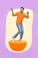 Wall Mural - Creative trend collage of funny funky young man dancing have fun orange half citrus fruit tangerine tropical party disco drawing background