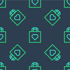 Poster - Line Shopping bag with heart icon isolated seamless pattern on blue background. Shopping bag shop love like heart icon. Happy Valentines day. Vector