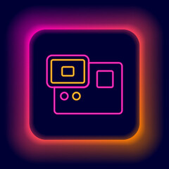 Wall Mural - Glowing neon line Action extreme camera icon isolated on black background. Video camera equipment for filming extreme sports. Colorful outline concept. Vector