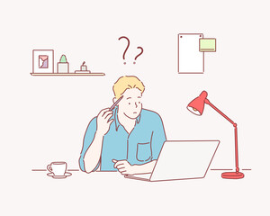 Wall Mural - young businessman using laptop at workplace. hand drawn style vector design illustrations.