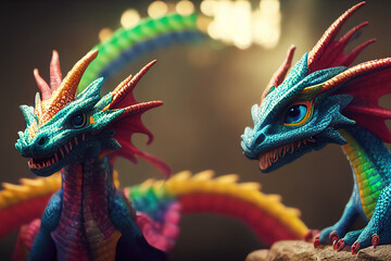 Wall Mural - 3 d render. Cute little dragons, different rainbow colors. Fantastic animals, in a cartoon style.